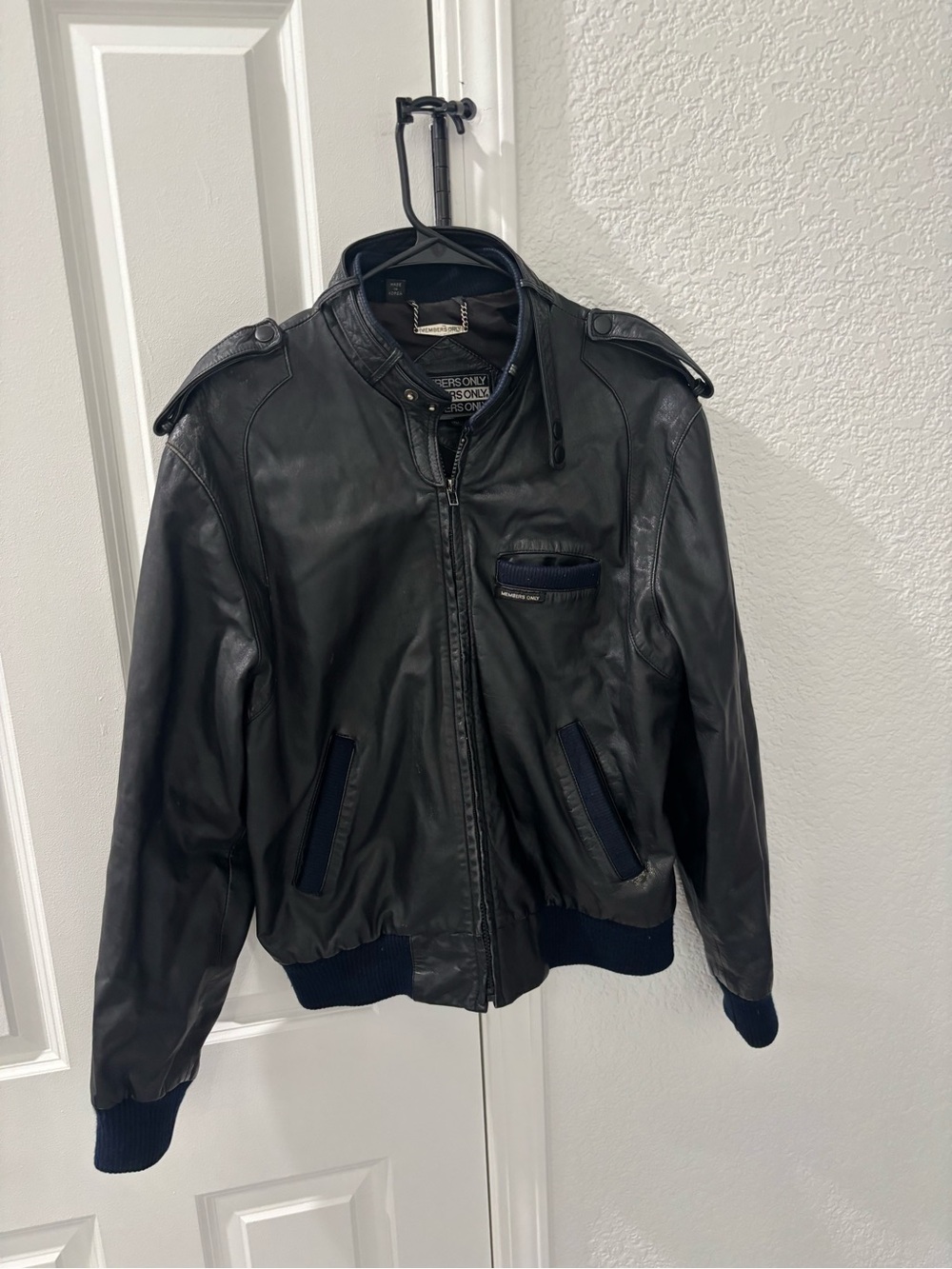 Members Only Black Leather Bomber Jacket with Navy Accents